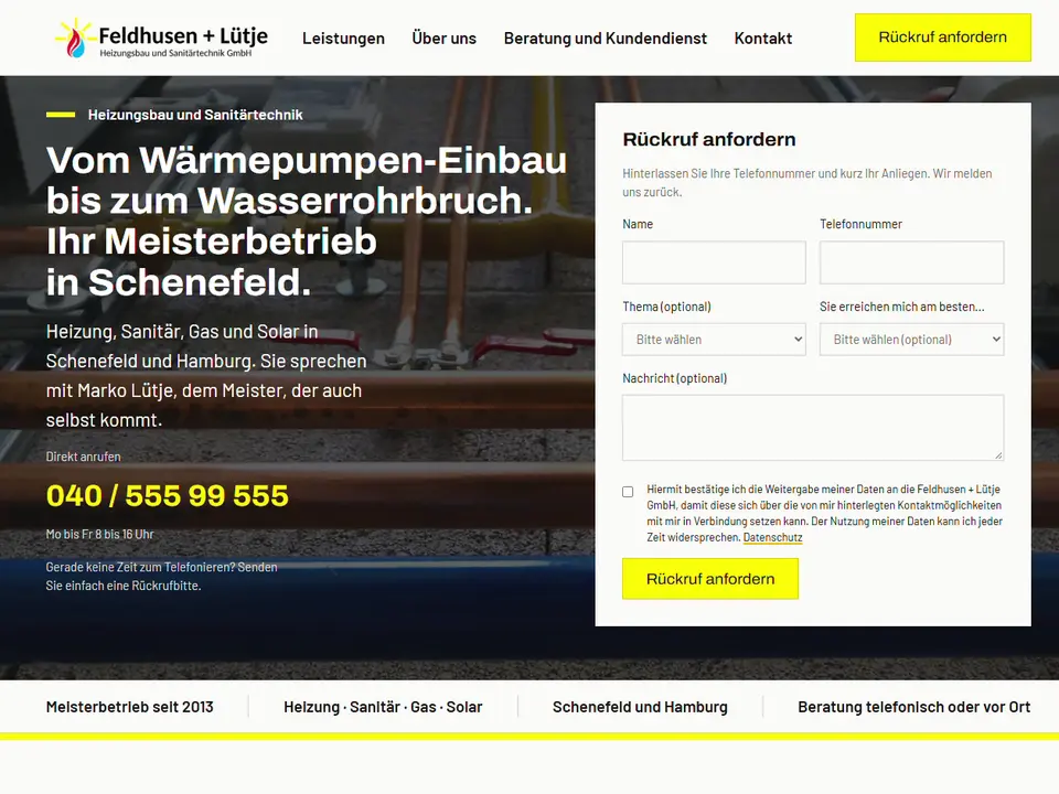 Webseite von Feldhusen + Lütje, Heizungsbau und Sanitärtechnik in Schenefeld